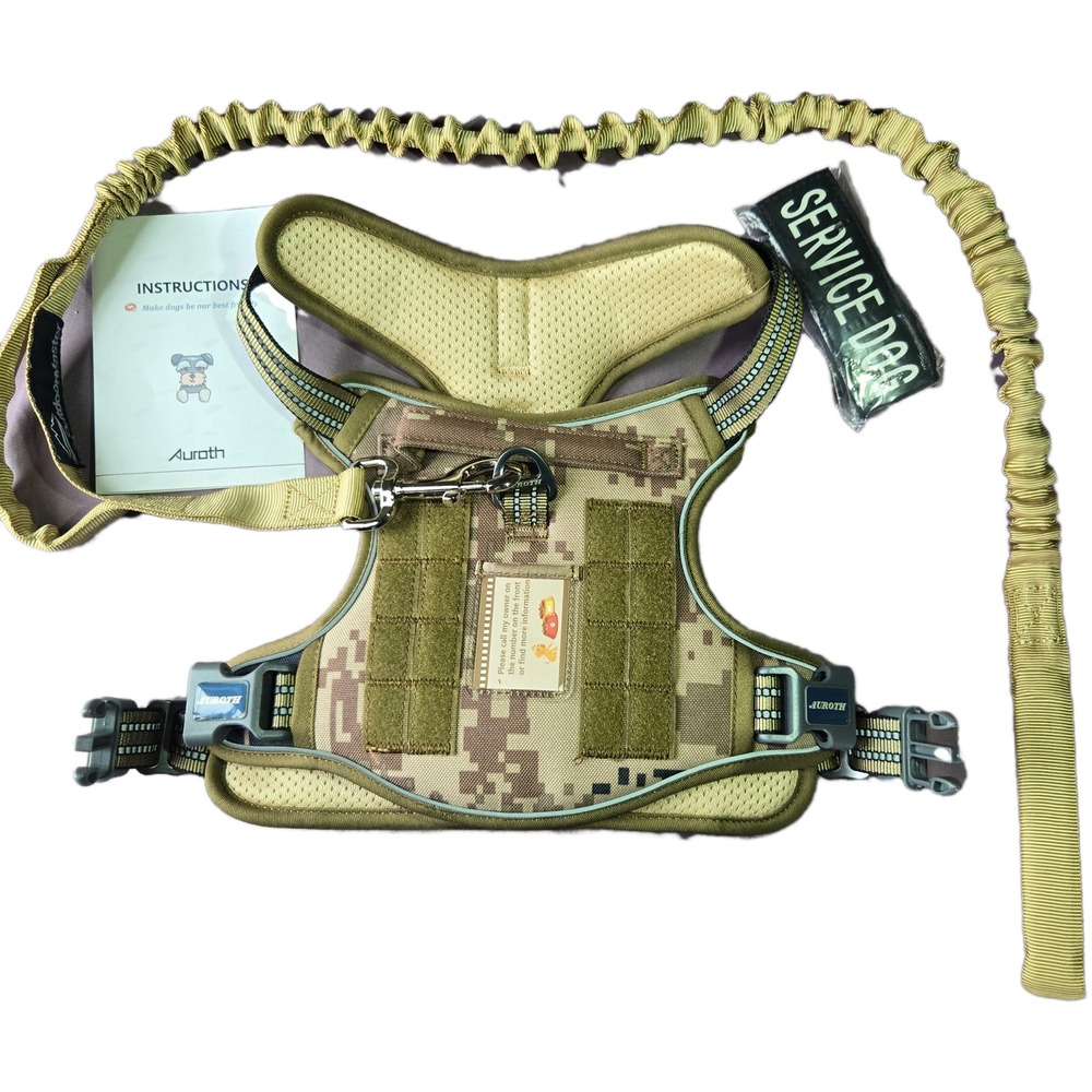 Auroth Tactical Dog‎ Harness Med Desert Camo with Bungee Leash Service Dog Patch
